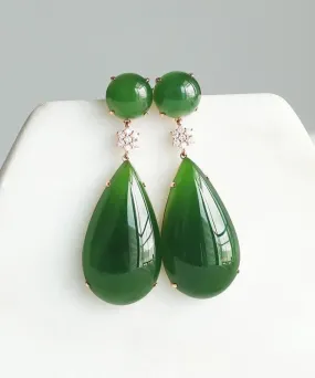 Women Spinach Green Jade Zircon Water Drop Drop Earrings