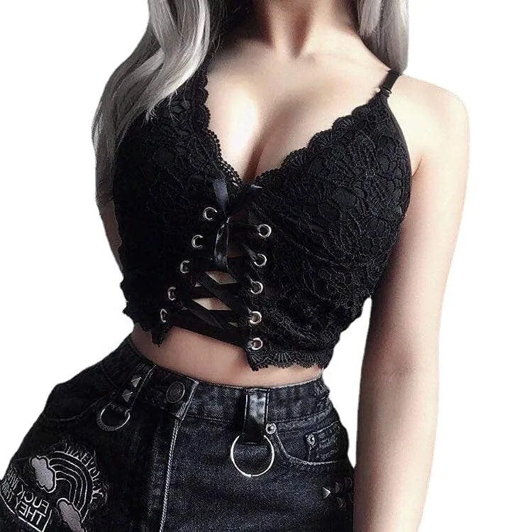 Women's Goth Embroidery V-Neck Black Crop Top