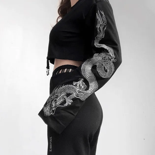 Women's Gothic Chinese Style Dragon Printed Long Sleeved Tee