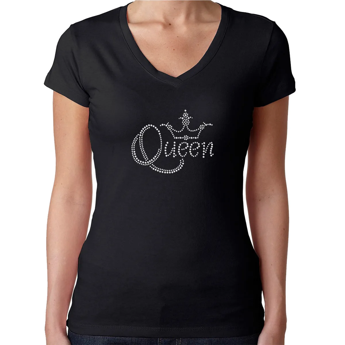 Womens T-Shirt Rhinestone Bling Black Fitted Tee Sparkle White Queen Crown