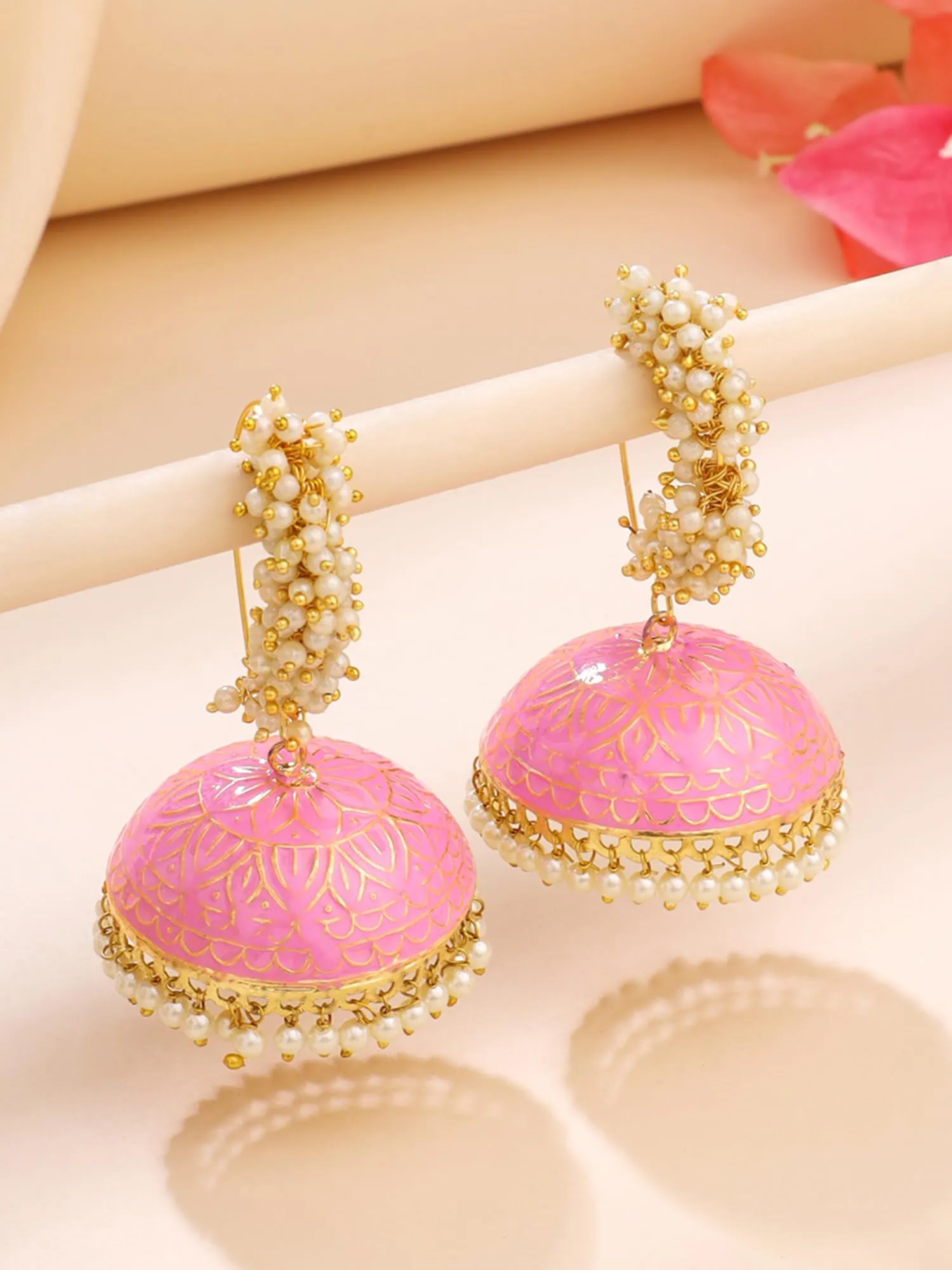 Yellow Chimes Meenakari Jhumka Earrings Handcrafted Gold toned Traditional Multicolor Jhumka/Jhumki Earrings for Women and Girls (Pink Big Jhumka)